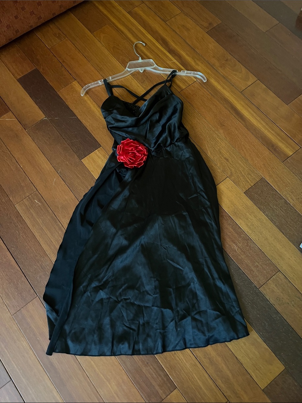 Weissman Black Satin Dress with Red Rose Accent